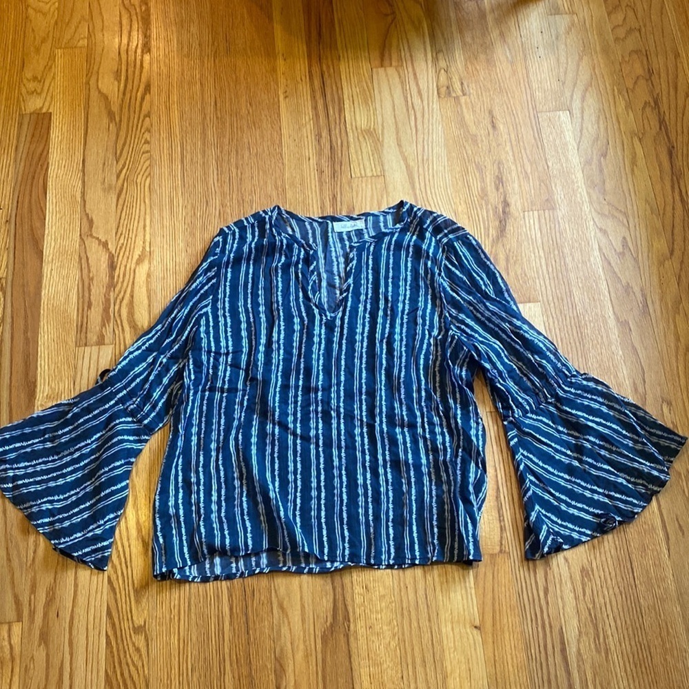 Bell Dahl navy and white striped bell sleeve blouse size large